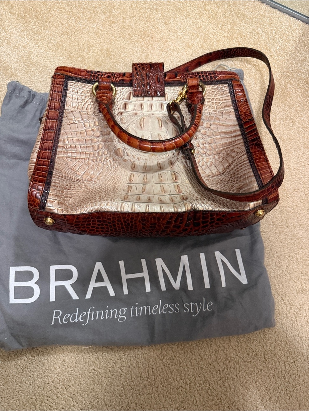 Brahmin Two-Tone Croc-Embossed Satchel in Chestnut Brown and Cream